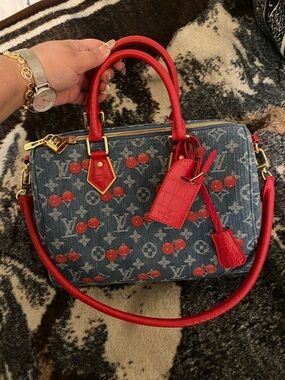 Louis Vuitton Denim Monogram Satchel with Red Trims and Studs